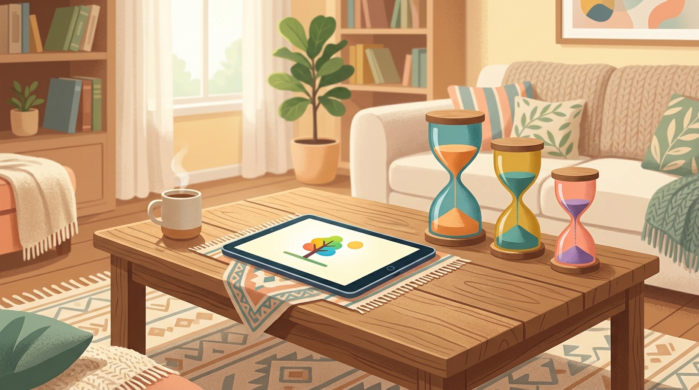 One tablet with three hourglasses of different sizes, representing separate screen time limits for each child