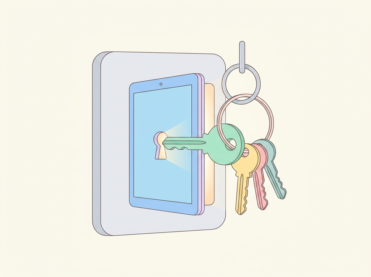 One large key opening a tablet-shaped door with three smaller keys beside it