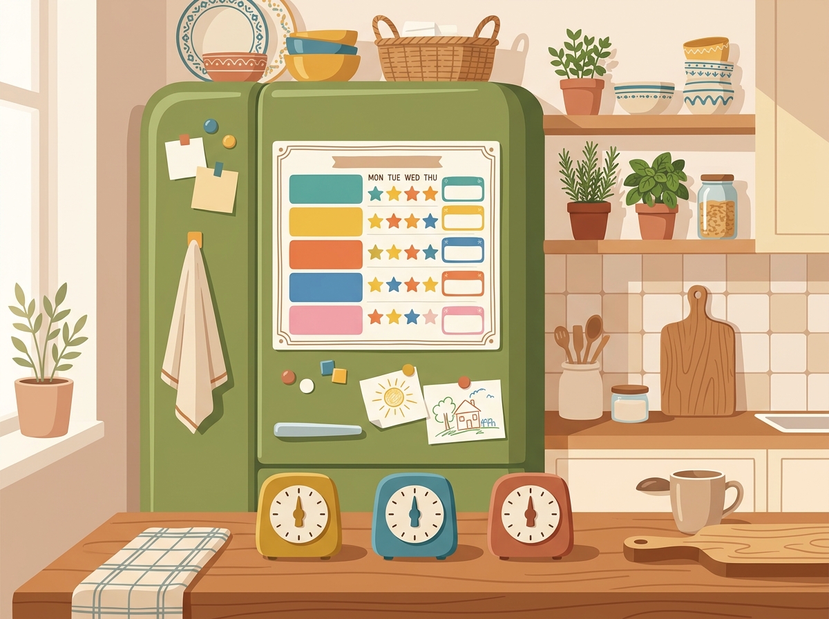 Fridge with a colorful turn chart and three kitchen timers on the counter