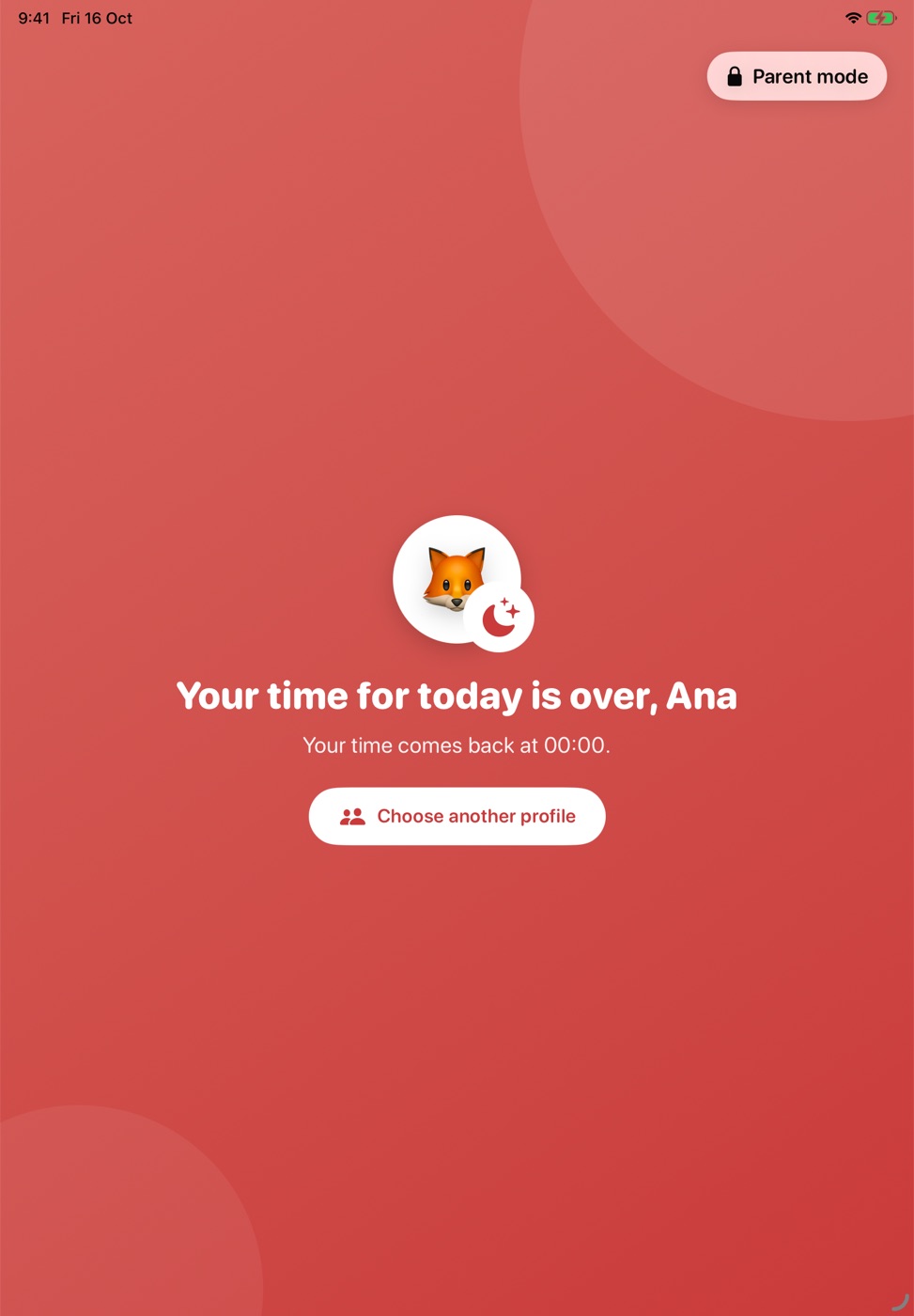 Screen telling the child their time is over for today