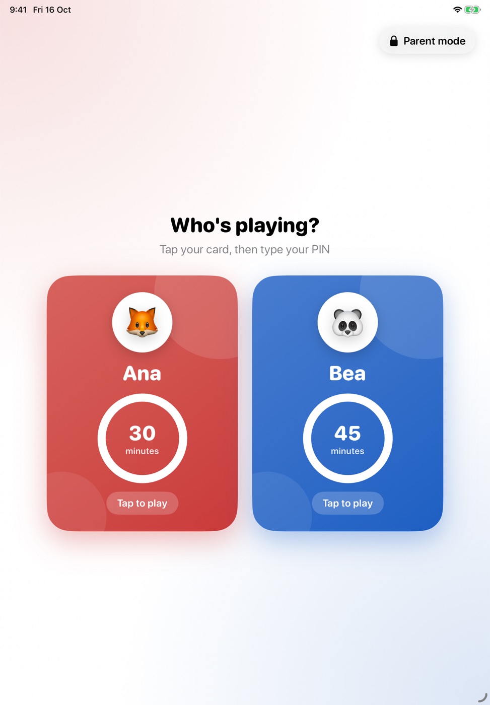 Profile picker with two children and their minutes left