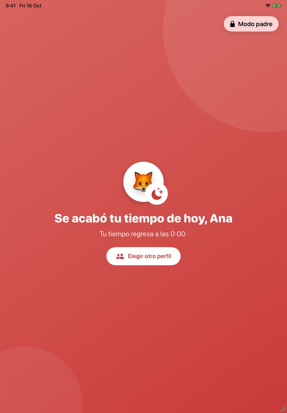 Pantalla que le avisa al niño que se acabó su tiempo de hoy